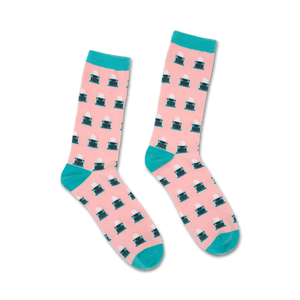 artful crew socks in vibrant pink and blue featuring a typewriter pattern; designed for men and women  