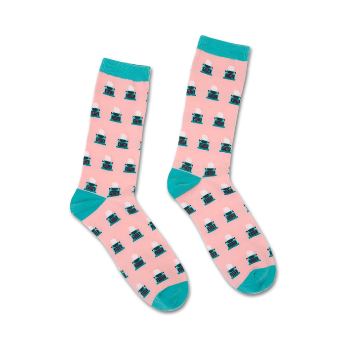 artful crew socks in vibrant pink and blue featuring a typewriter pattern; designed for men and women  