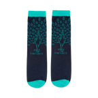 Flat lay product shot of the socks on a black background, showcasing the design details.
