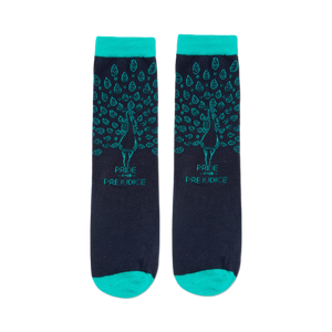 front view of a pair of blue socks with a teal peacock design and 