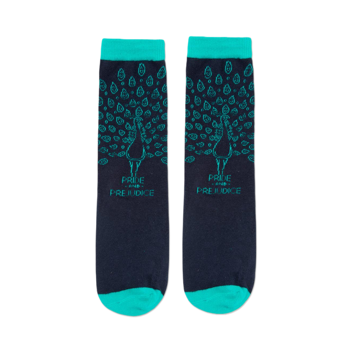 front view of a pair of blue socks with a teal peacock design and 