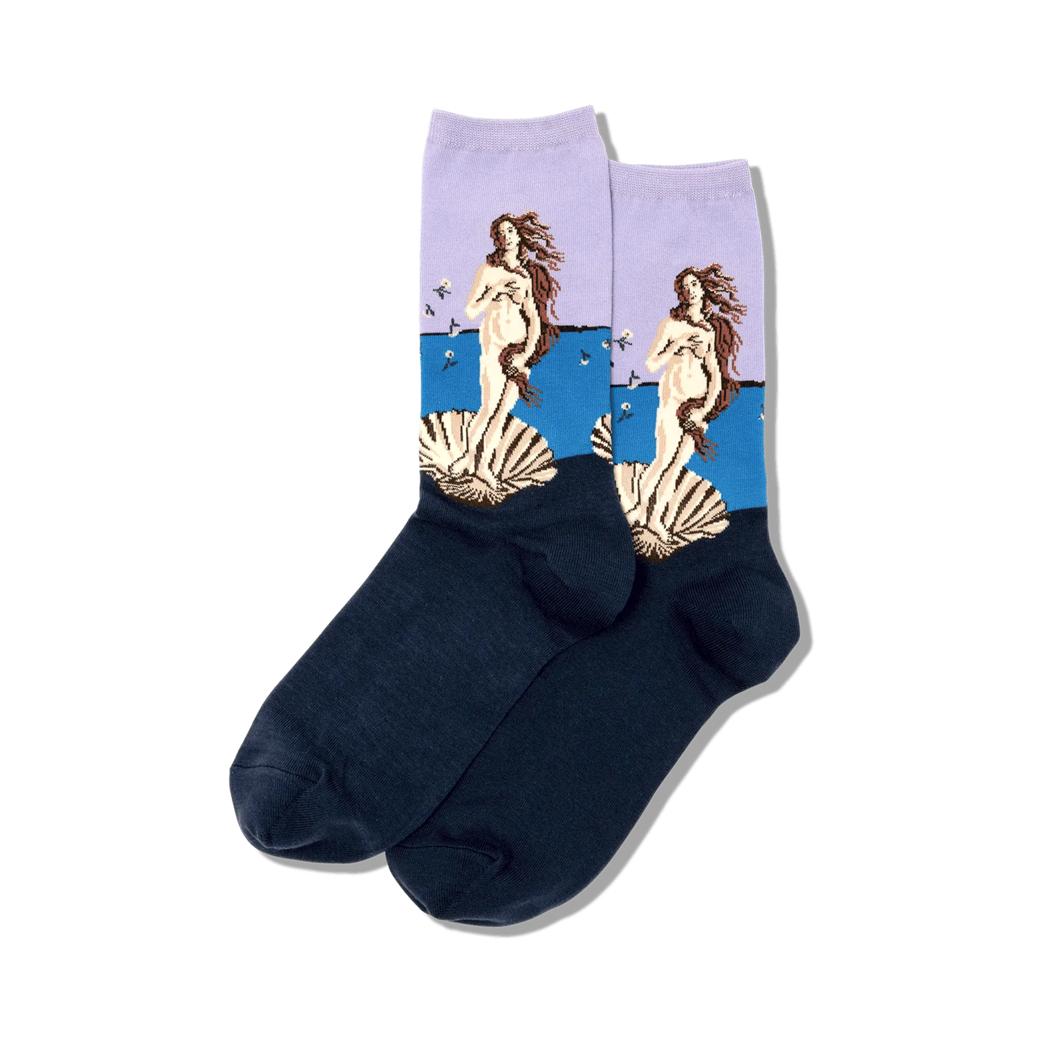 Pair of women's crew socks. Blue and purple hues feature Botticelli's Birth of Venus artwork.
