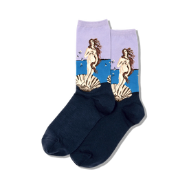 botticelli's birth of venus painting printed on dark blue women's crew socks with light purple band at the top.   