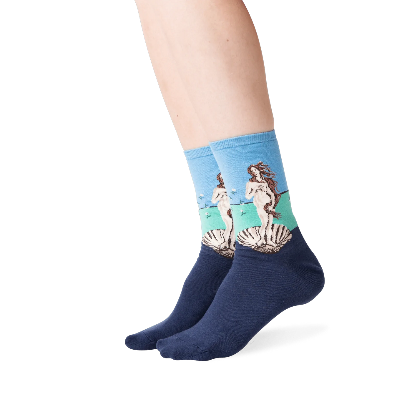 Lifestyle shot showing the socks on a person's legs, against a green background.