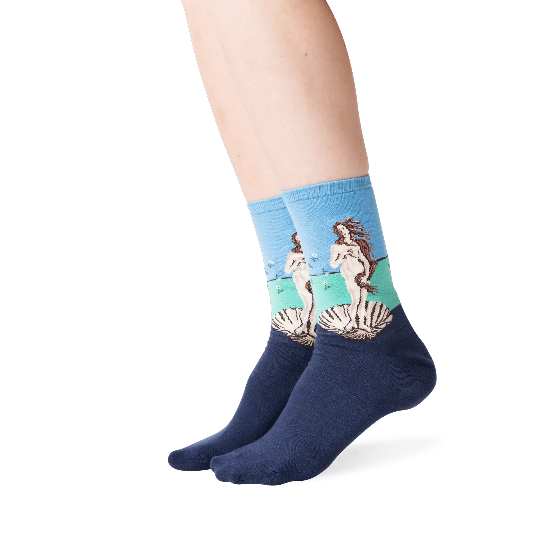 Lifestyle shot showing the socks on a person's legs, against a green background.