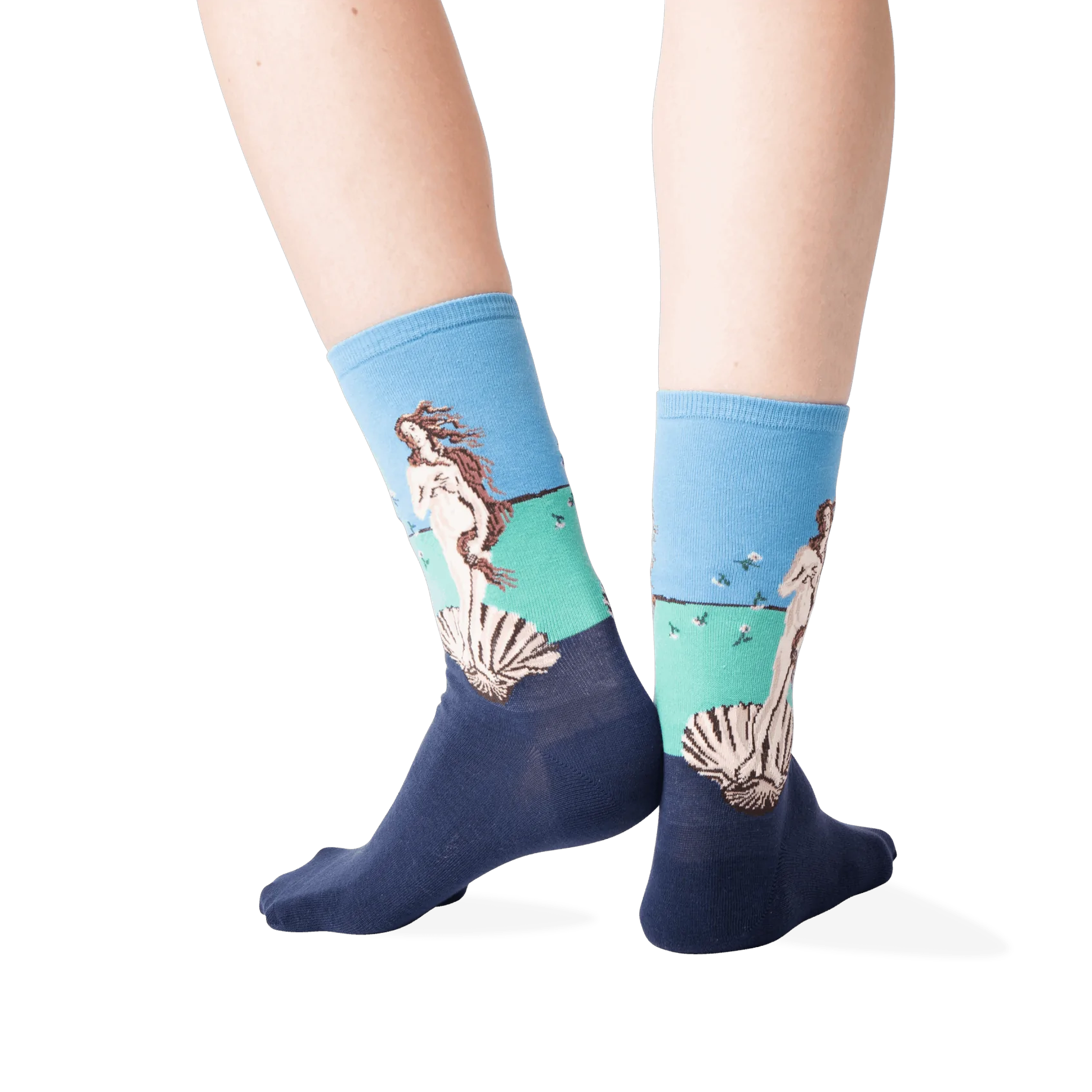 Back view lifestyle shot of a person wearing the socks against a dark grey background.