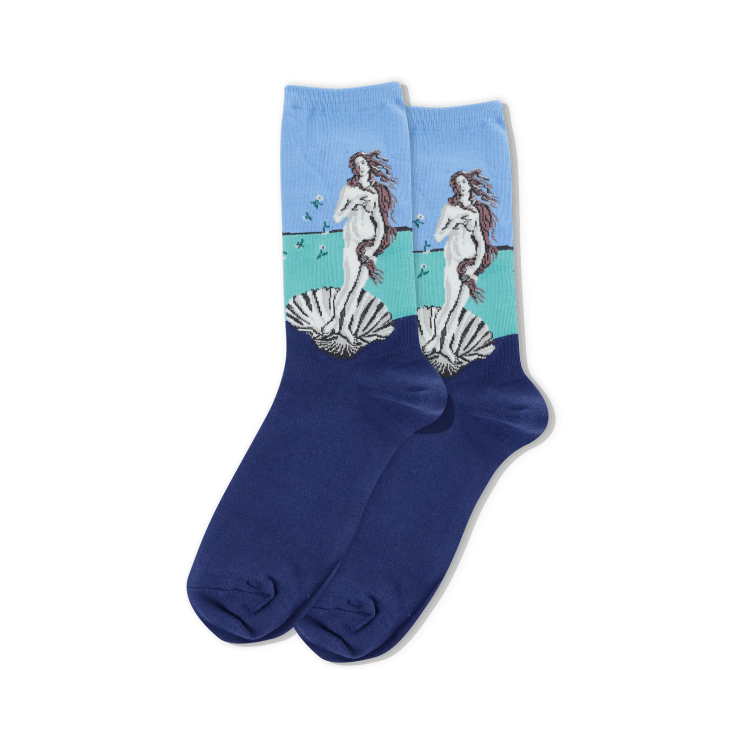 Product shot of Botticelli's Birth of Venus socks against a black background.