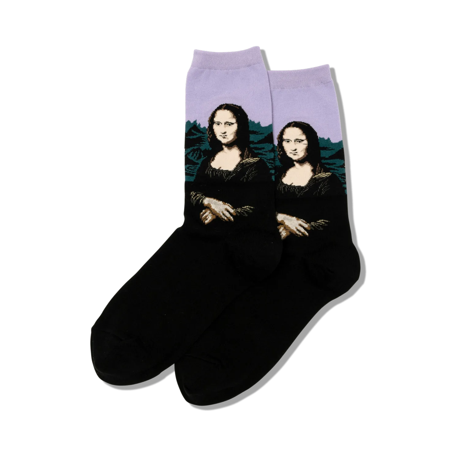 Pair of black crew socks with a repeated image of the Mona Lisa on a lavender background. 