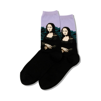da vinci's mona lisa art & literature themed womens purple novelty crew socks