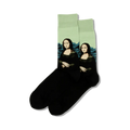Lifestyle shot showing a pair of black crew socks with the Mona Lisa image on a mint green background.