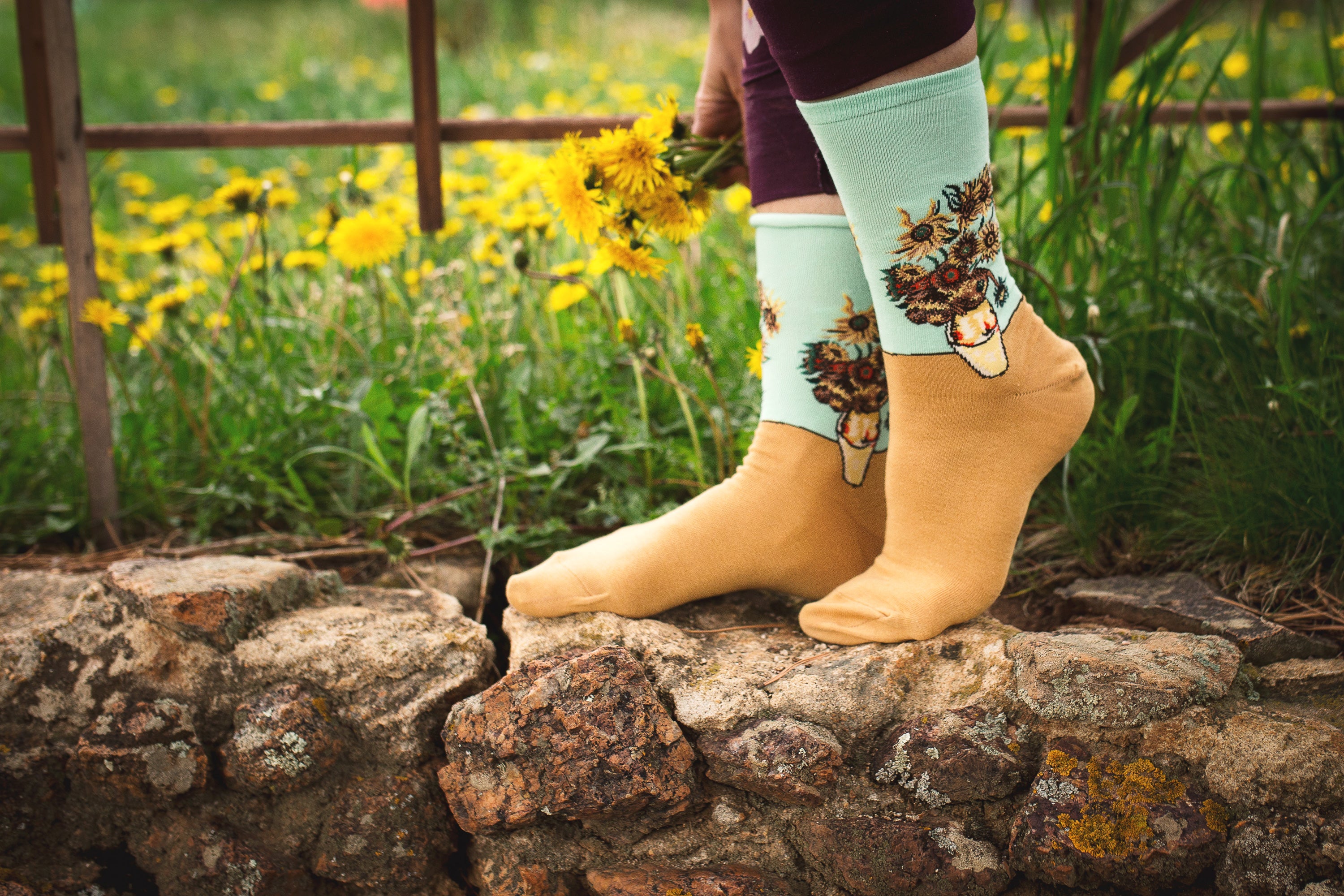 Lifestyle shot of a person wearing mint green and tan Van Gogh's Sunflowers socks. [lf]