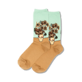 Pair of crew socks featuring Van Gogh's Sunflowers.  Mint green and tan, with a detailed image of sunflowers in a vase.