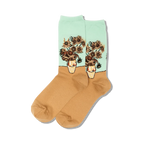 Pair of crew socks featuring Van Gogh's Sunflowers.  Mint green and tan, with a detailed image of sunflowers in a vase.