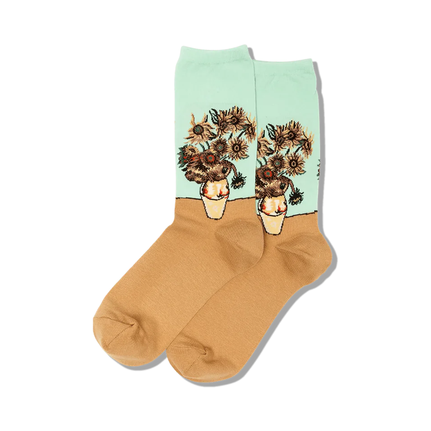 Pair of crew socks featuring Van Gogh's Sunflowers.  Mint green and tan, with a detailed image of sunflowers in a vase.