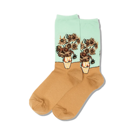 light brown socks with mint green cuff. pattern of sunflowers in a vase. crew length. women's. art & literature theme.  