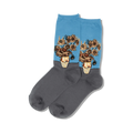 Close-up of a pair of blue and gray crew socks featuring Van Gogh's Sunflowers. 