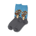 Close-up of a pair of blue and gray crew socks featuring Van Gogh's Sunflowers. 