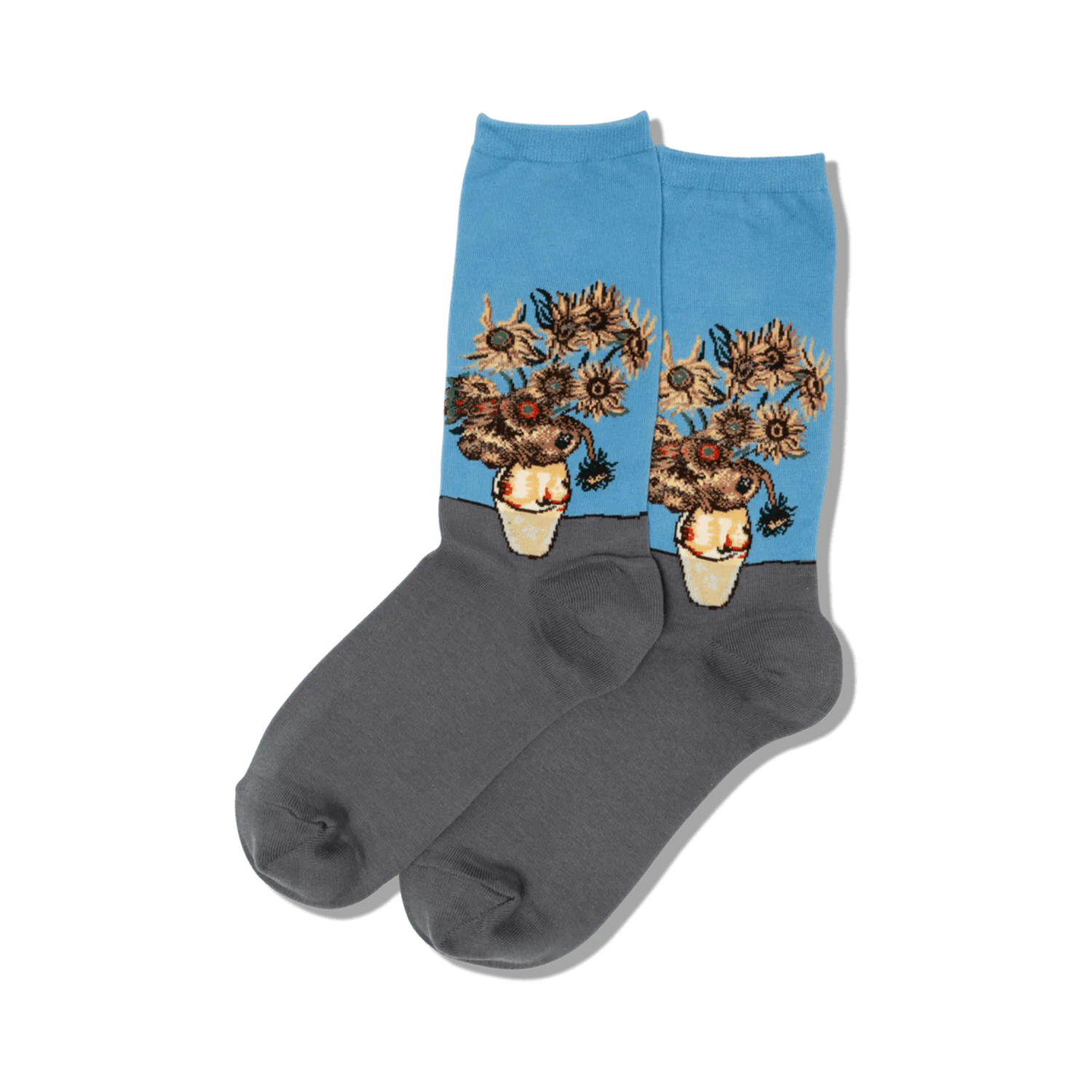 Close-up of a pair of blue and gray crew socks featuring Van Gogh's Sunflowers. 