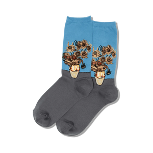 blue and gray sunflower patterned crew socks inspired by van gogh's sunflowers painting.  