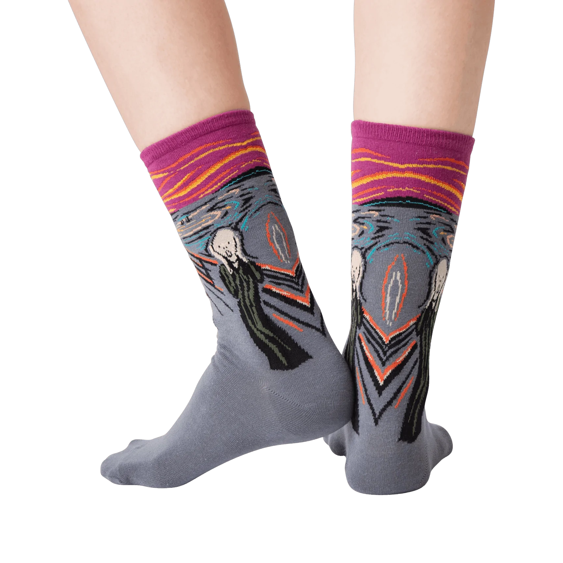 Back view of The Scream socks on a model's feet; showcasing the full design.