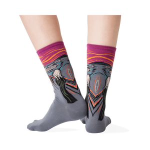 Back view of The Scream socks on a model's feet; showcasing the full design.