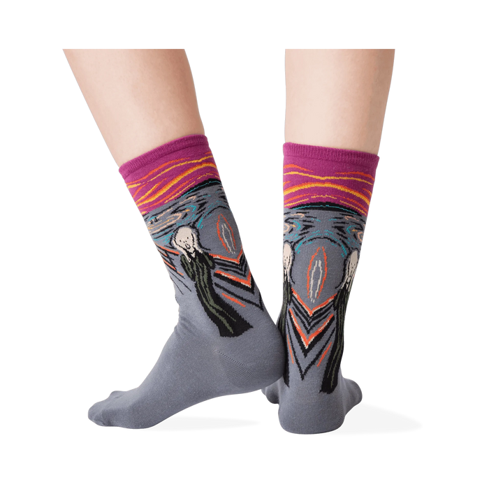 Back view of The Scream socks on a model's feet; showcasing the full design.