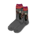 Pair of grey crew socks featuring Edvard Munch's The Scream artwork in orange, yellow, and purple. 
