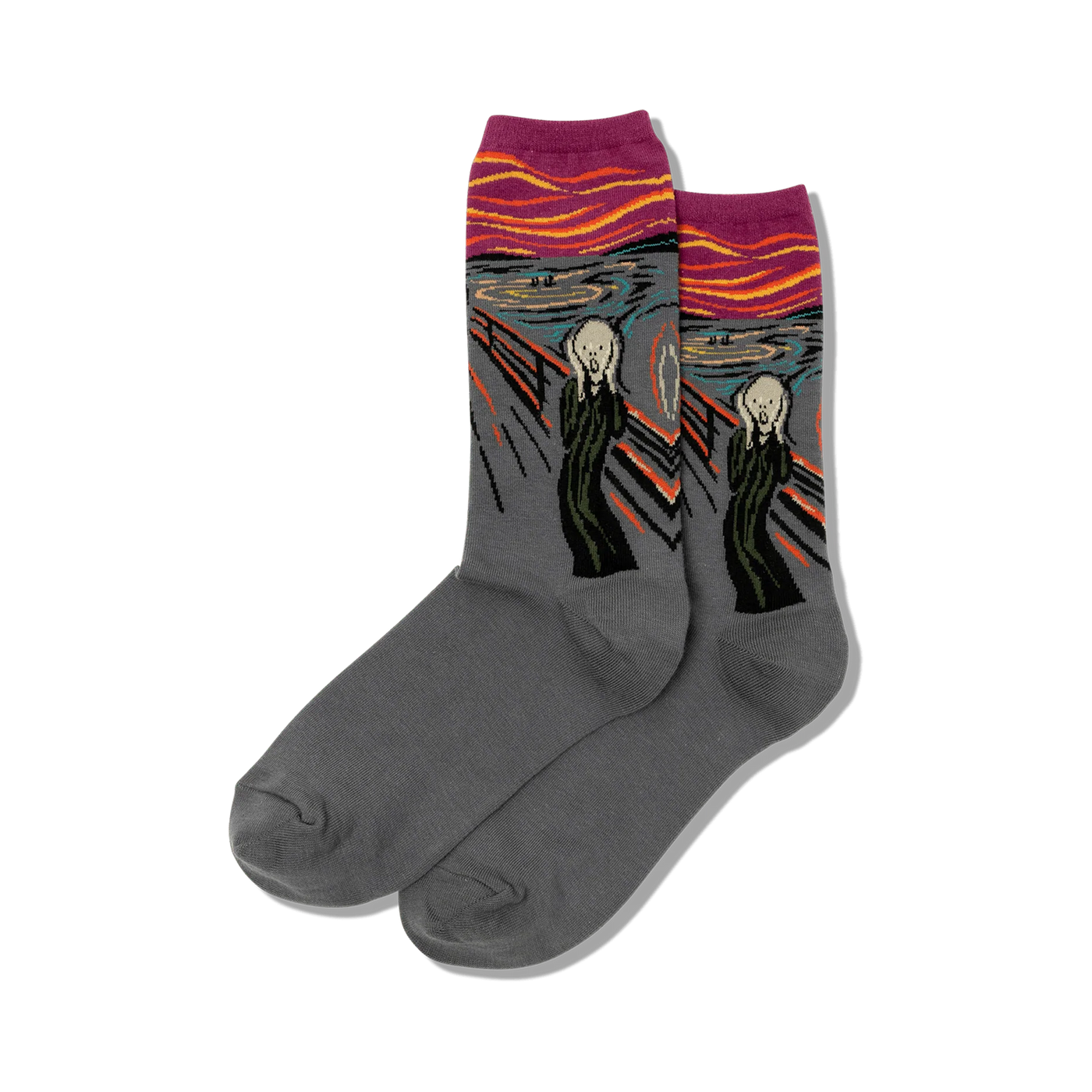 Pair of grey crew socks featuring Edvard Munch's The Scream artwork in orange, yellow, and purple. 