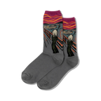 Pair of grey crew socks featuring Edvard Munch's The Scream artwork in orange, yellow, and purple. 