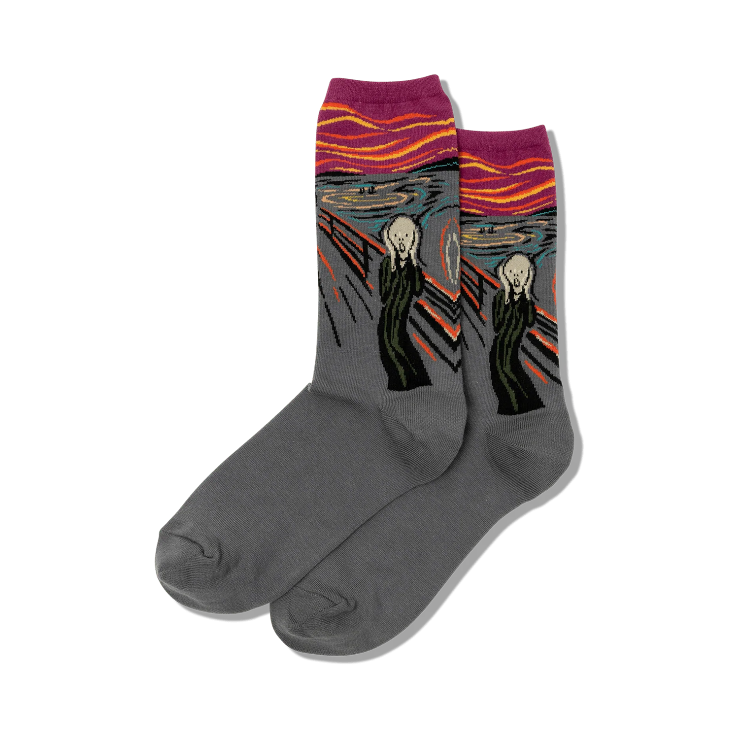 Pair of grey crew socks featuring Edvard Munch's The Scream artwork in orange, yellow, and purple. 