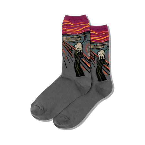 Pair of grey crew socks featuring Edvard Munch's The Scream artwork in orange, yellow, and purple. 