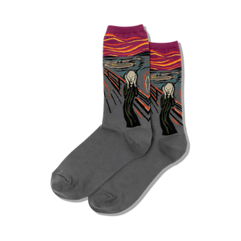 gray art & literature womens crew munch's the scream pattern socks   