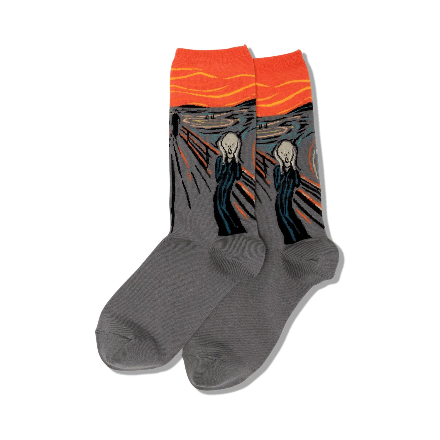 Lifestyle shot of The Scream socks on a person's feet surrounded by fall flowers.