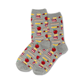 Grey crew socks with a repeating pattern of red apples, pencils, rulers, and stacks of books. Fun back-to-school design!