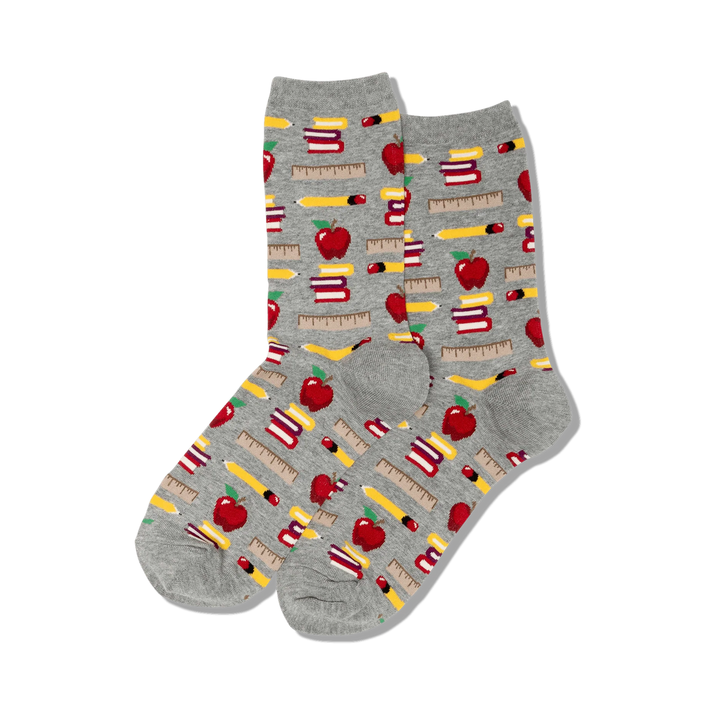 Grey crew socks with a repeating pattern of red apples, pencils, rulers, and stacks of books. Fun back-to-school design!