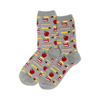 Grey crew socks with a repeating pattern of red apples, pencils, rulers, and stacks of books. Fun back-to-school design!