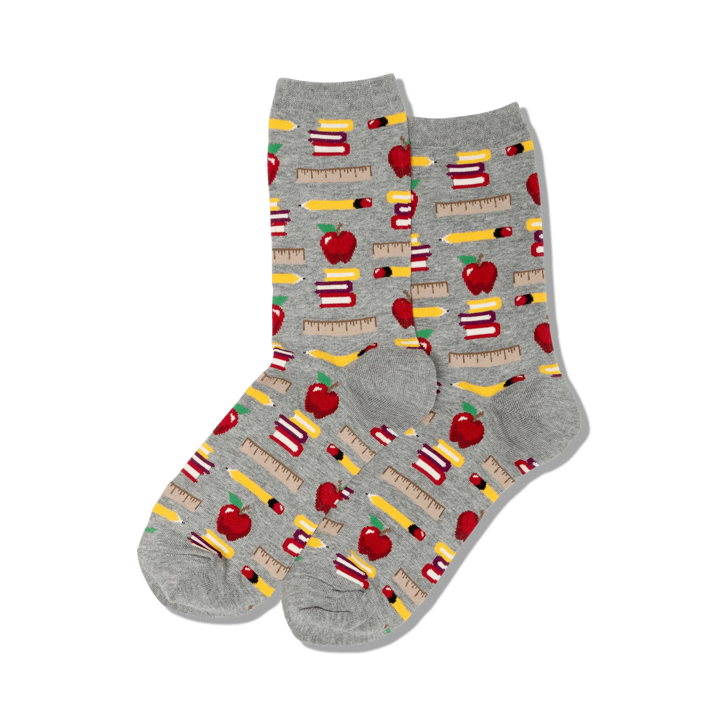 Grey crew socks with a repeating pattern of red apples, pencils, rulers, and stacks of books. Fun back-to-school design!
