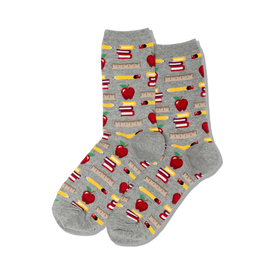 crew-length women's socks with colorful pattern of red apples, yellow pencils, green rulers, and books.  