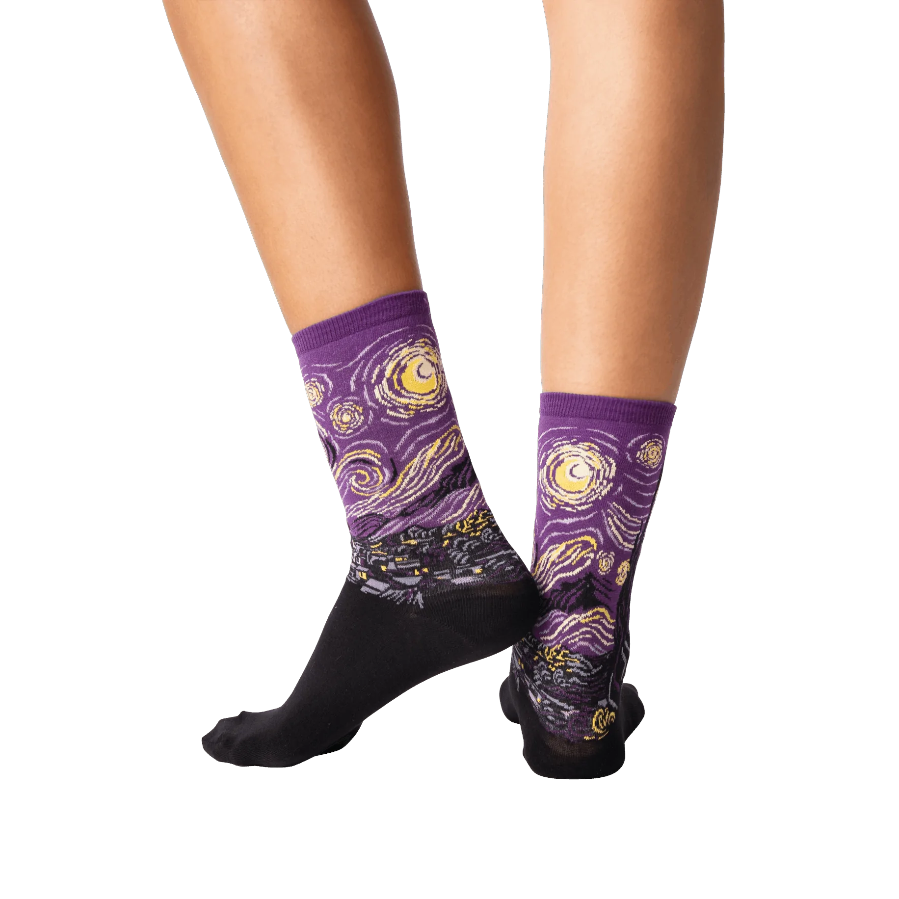 Back view of a person wearing purple Van Gogh's Starry Night socks, showcasing the sock's fit and design.