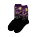 Crew socks featuring Van Gogh's Starry Night. Purple and yellow design on a black background.  Swirling night sky and village scene.
