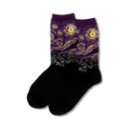 Crew socks featuring Van Gogh's Starry Night. Purple and yellow design on a black background.  Swirling night sky and village scene.
