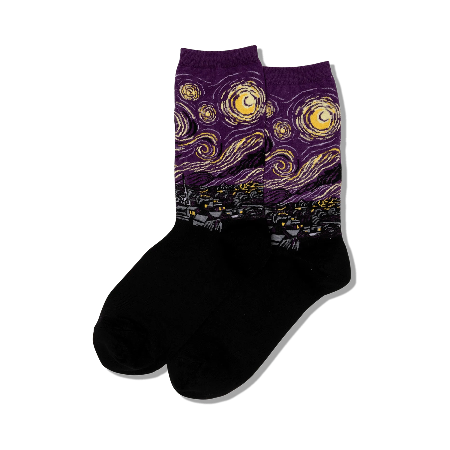 Crew socks featuring Van Gogh's Starry Night. Purple and yellow design on a black background.  Swirling night sky and village scene.
