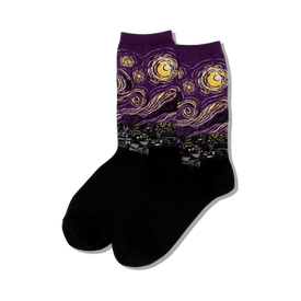 black and purple crew socks adorned with vincent van gogh's starry night pattern, featuring a ribbed cuff and cushioned sole.  