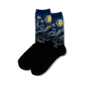 Close-up showing detail of the Van Gogh's Starry Night design on blue crew socks.