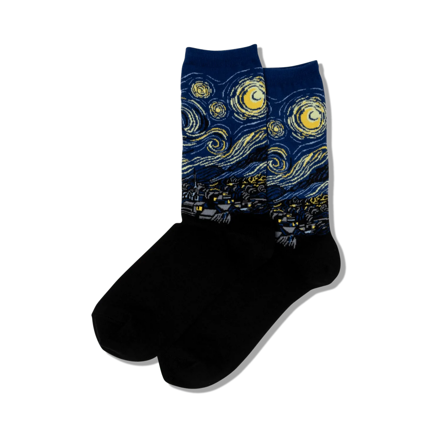 Close-up showing detail of the Van Gogh's Starry Night design on blue crew socks.
