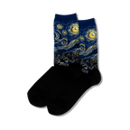 Close-up showing detail of the Van Gogh's Starry Night design on blue crew socks.
