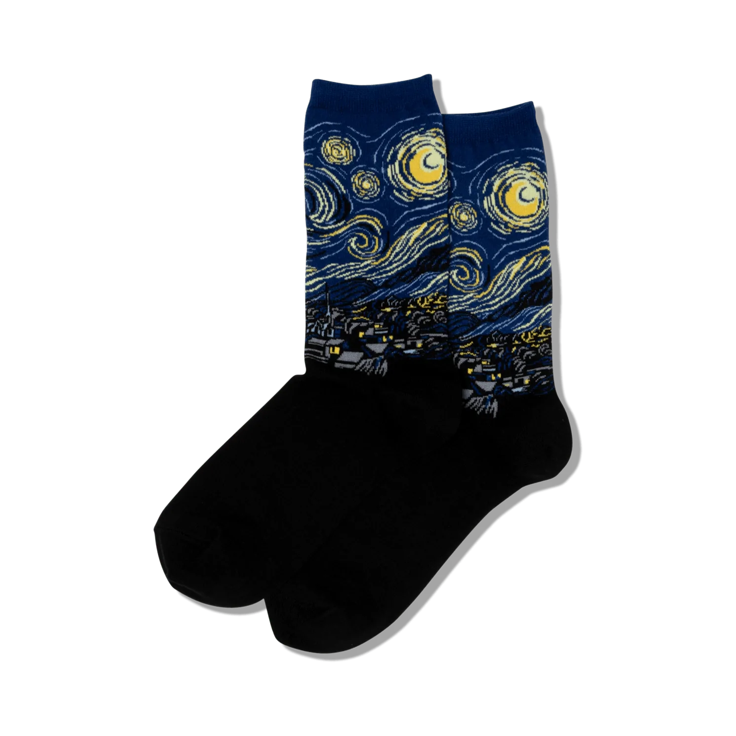 Close-up showing detail of the Van Gogh's Starry Night design on blue crew socks.