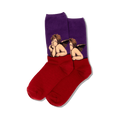 Pair of crew socks in purple and red. Feature a painting of two cherubic angels.  A stylish and comfortable choice!