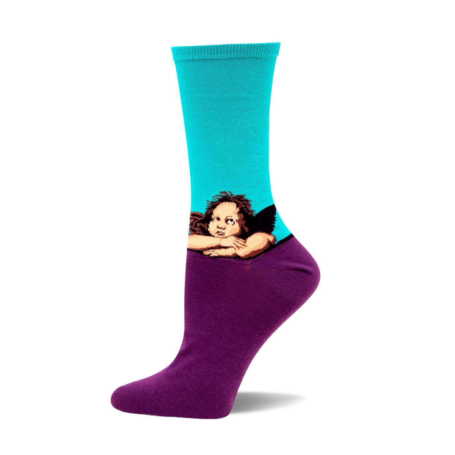 Raphael's Angels sock with a teal top and purple foot, featuring a pixelated cherub design looking up.