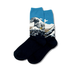 Pair of crew socks showcasing Hokusai's Great Wave.  Features blues, whites, and blacks;  wave design dominates the upper portion.
